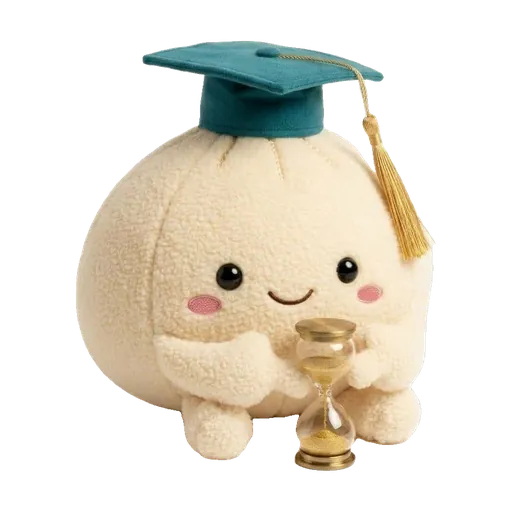 Pal the plush mascot patiently holding an hourglass